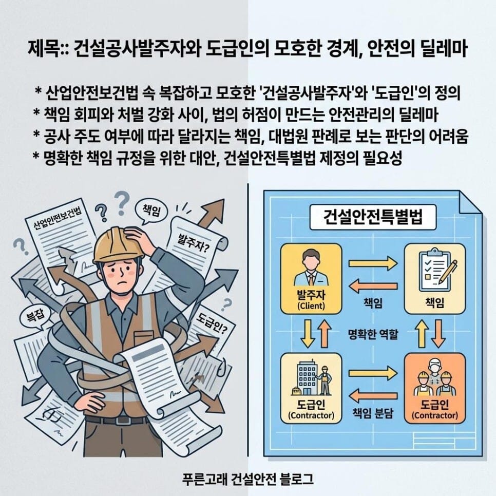 건설공사발주자와 도급인의 혼선과 건설안전특별법 개념을 보여주는 이미지