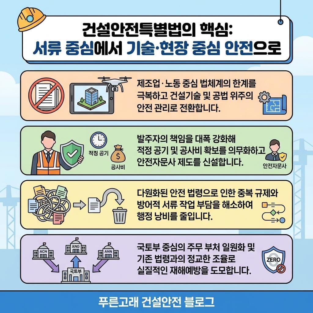 건설안전특별법 취지 및 개정방향, 향후과제 등을 종합한 이미지