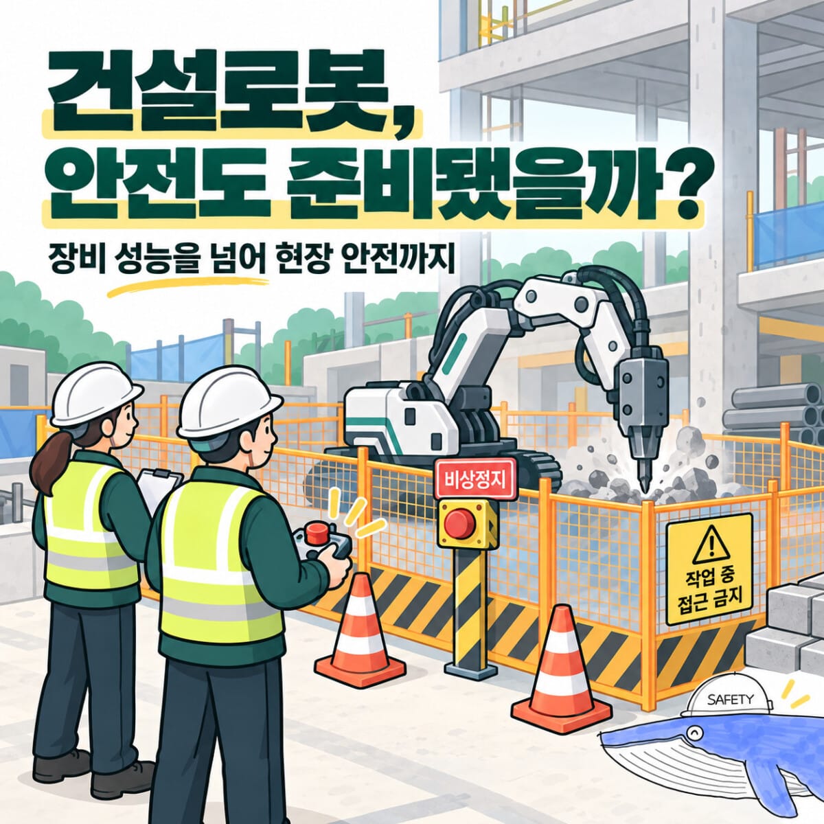 건설로봇 작업구역과 작업자의 안전한 분리를 설명하는 AI 삽화