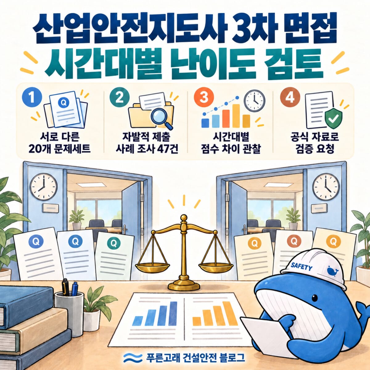 산업안전지도사 3차 면접 시간대별 난이도 검토와 자발적 제출 47건 조사 일러스트